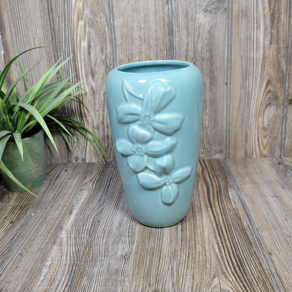 Vintage Haeger Pottery Dogwood Flower Vase Blue Turquoise 75th Anniversary MCM